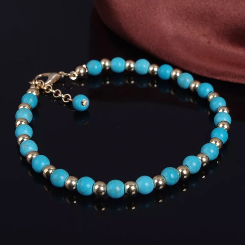Boho Bohemian Gold Toned Turquoise Beaded Anklet - Picture 11 of 13